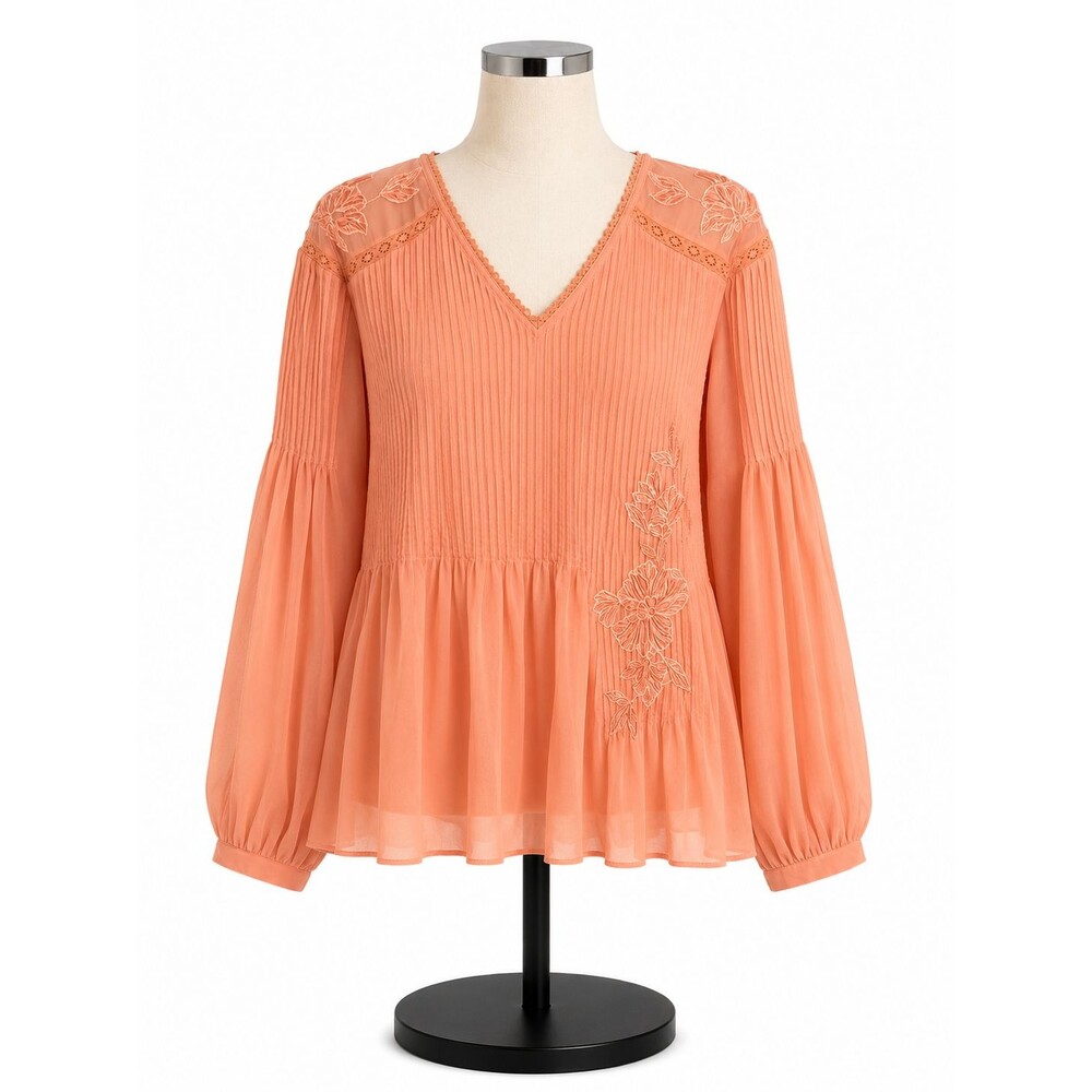 Soft Surroundings Womens Top Blouse Size Small Orange Beaded V Neck 3/4 Sleeve